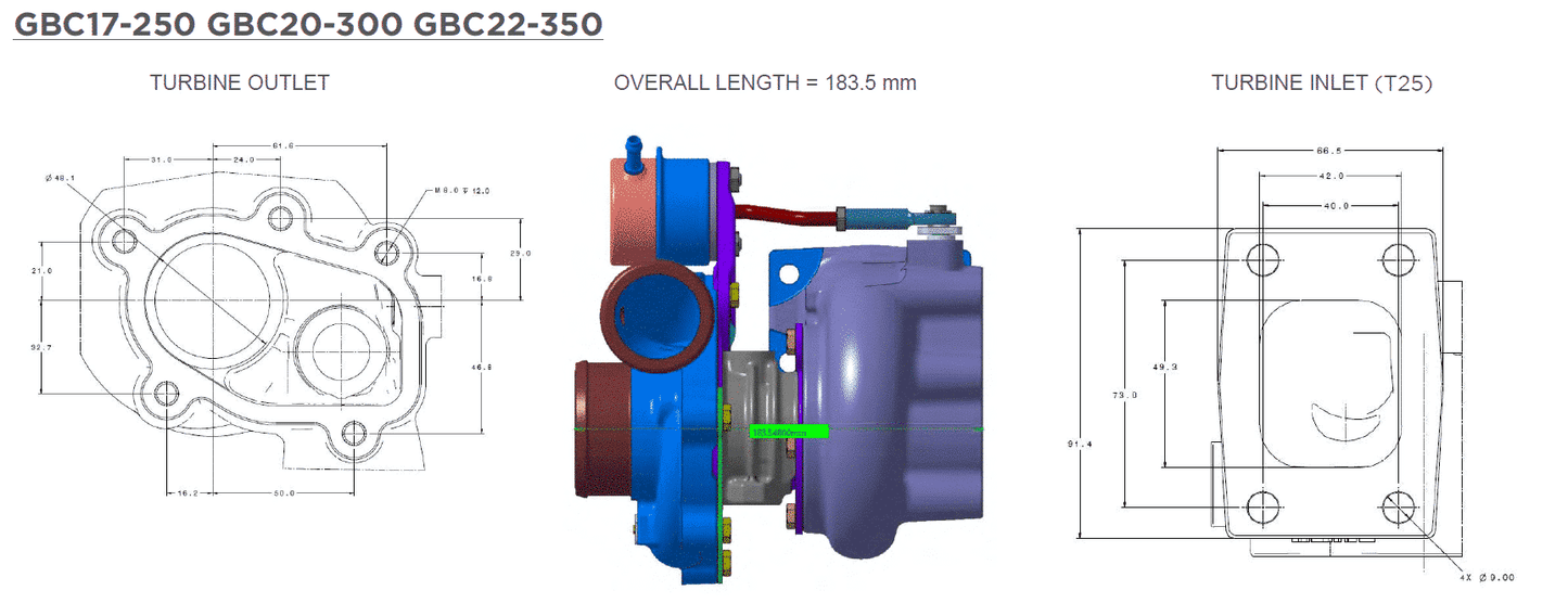 Garrett GBC22-350 Turbo (Standard Rotation) 44mm Comp Ind 0.64 A/R T25 Turbine Inlet 5-Bolt Turbine Outlet