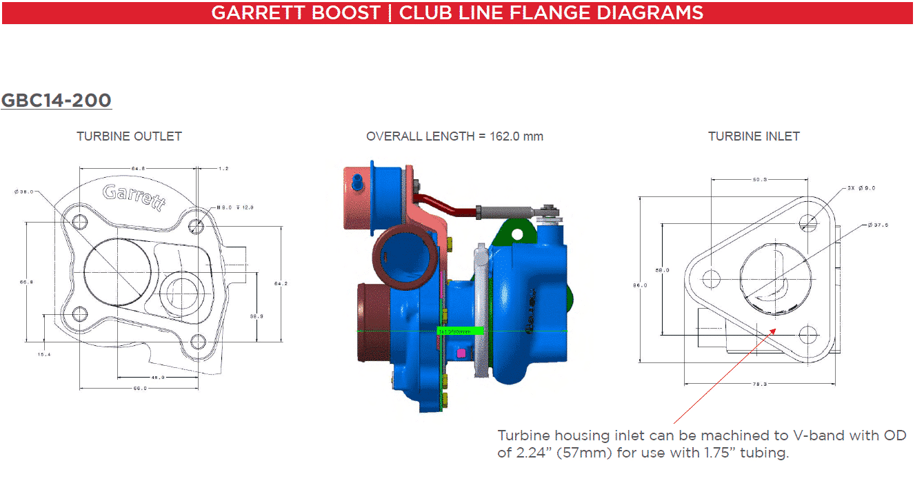 Garrett GBC14-200 Turbo (Standard Rotation) 34mm Comp Ind 0.45 A/R 3-Bolt Turbine Inlet 4-Bolt Turbine Outlet