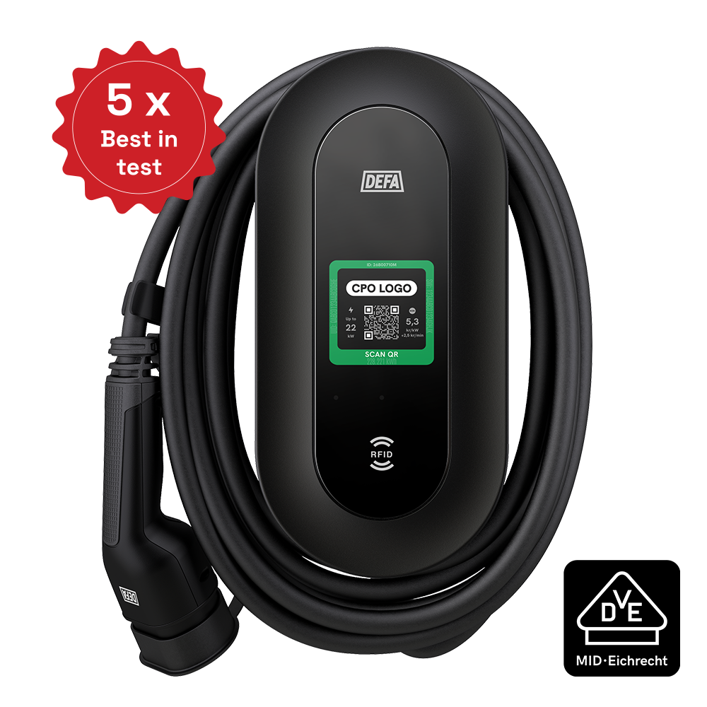 DEFA Power S -latausasema järjestelmäasennuksiin, max. 22kW, kiinteä 6m kaapeli