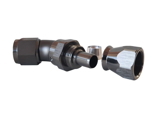 AN4 liitin 45° PTFE (teflon letkulle) Full Flow - Titan
